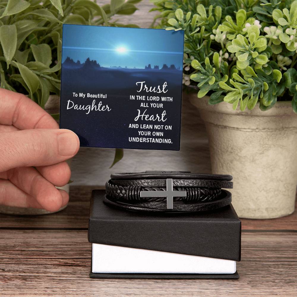 Trust in The Lord Proverbs 3:5-6 Men's Stainless Steel & Vegan Leather Cross Bracelet - Vegan Leather with Stainless Steel-Express Your Love Gifts