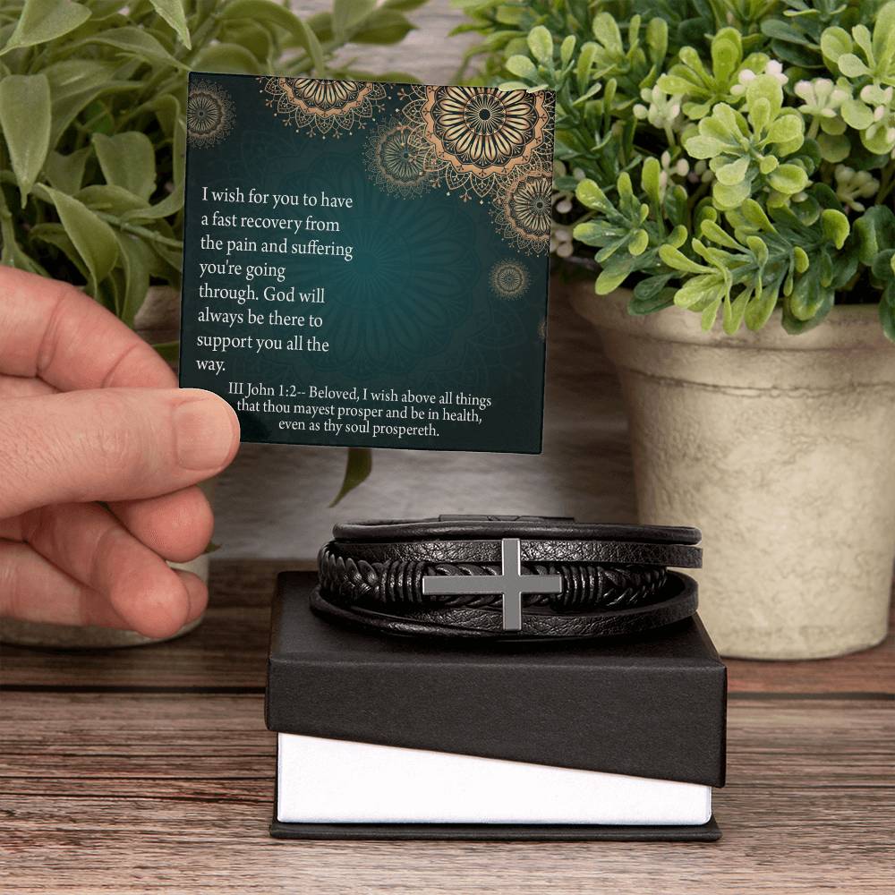Get Well God's Support 3 John 1:2 Men's Stainless Steel & Vegan Leather Cross Bracelet - Vegan Leather with Stainless Steel-Express Your Love Gifts