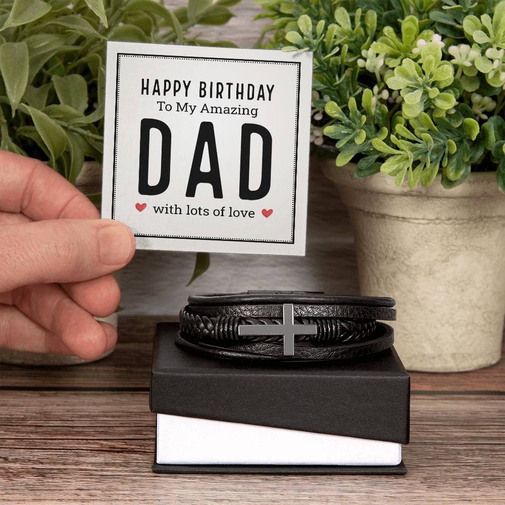 Happy Birthday to My Amazing Dad Men's Cross Bracelet - Vegan Leather with Stainless Steel-Express Your Love Gifts