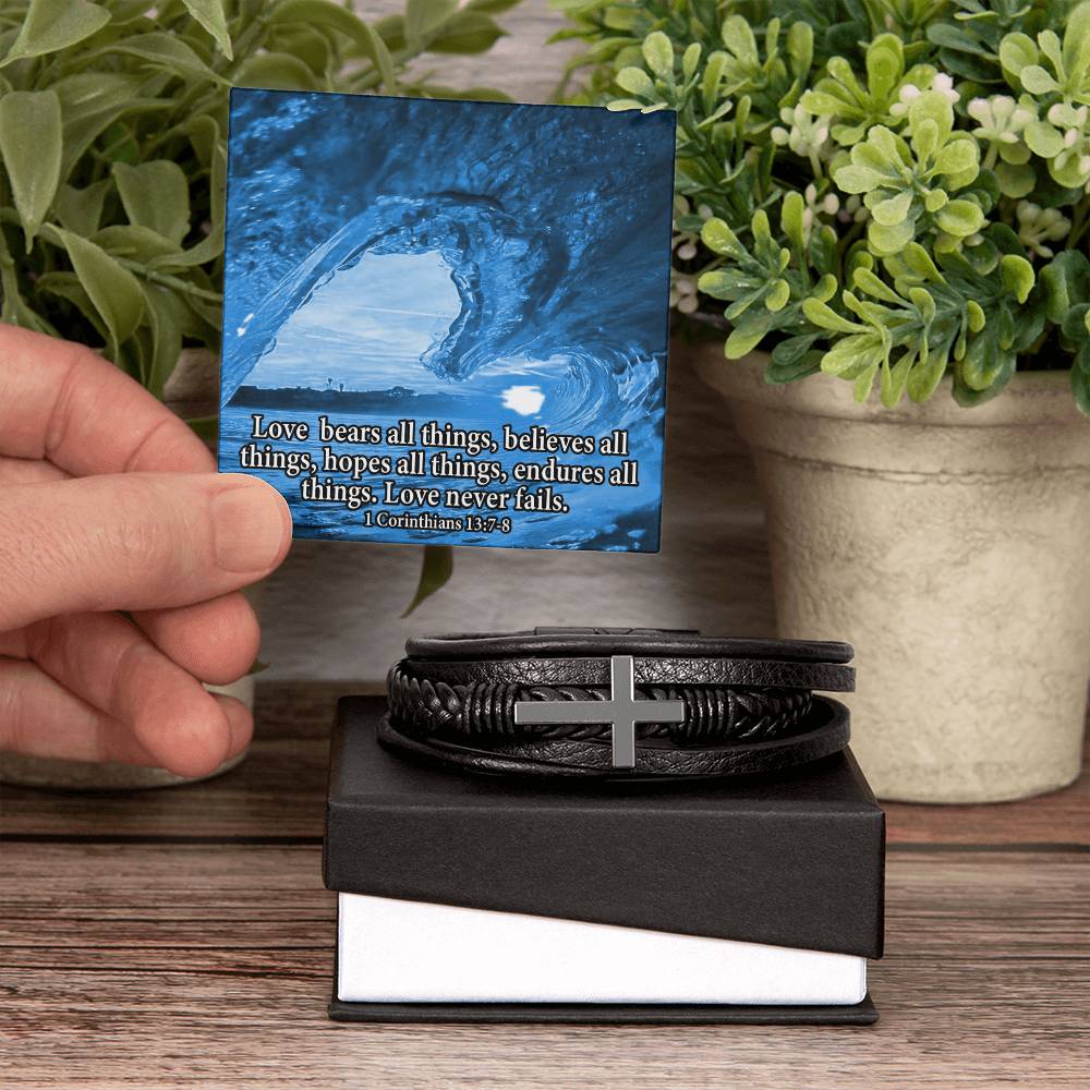 Love Bears All Water 1 Corinthians 13:7-8 Men's Stainless Steel & Vegan Leather Cross Bracelet - Vegan Leather with Stainless Steel-Express Your Love Gifts