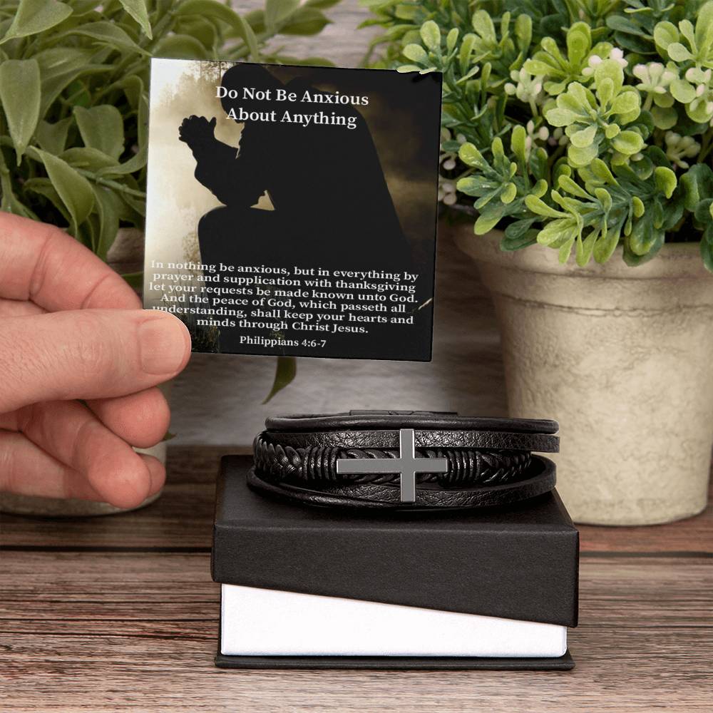 Do Not be Anxious About Anything Philippians 4:6-7 Men's Stainless Steel & Vegan Leather Cross Bracelet - Vegan Leather with Stainless Steel-Express Your Love Gifts