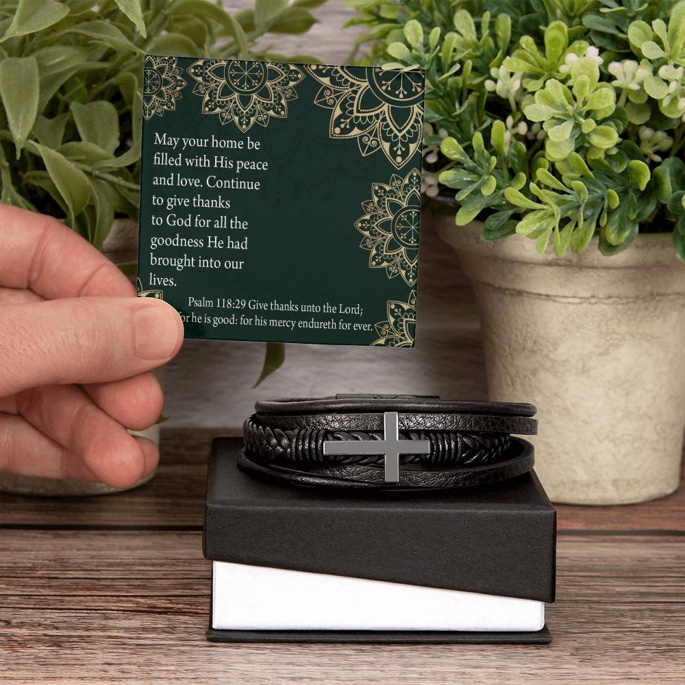 Thanksgiving Psalm 118:29 Men's Stainless Steel & Vegan Leather Cross Bracelet - Vegan Leather with Stainless Steel-Express Your Love Gifts