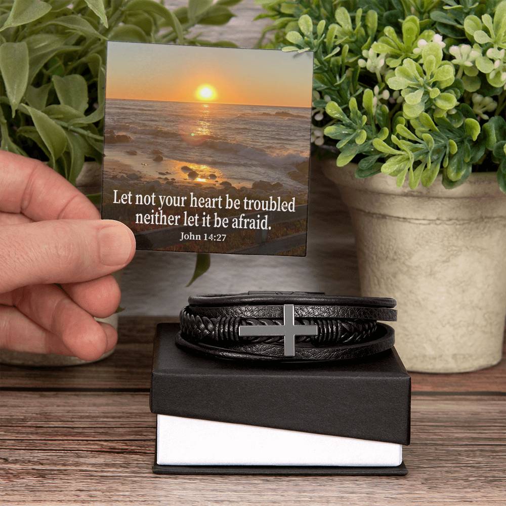 Let Not Your Heart be Troubled John 14:27 Men's Stainless Steel & Vegan Leather Cross Bracelet - Vegan Leather with Stainless Steel-Express Your Love Gifts