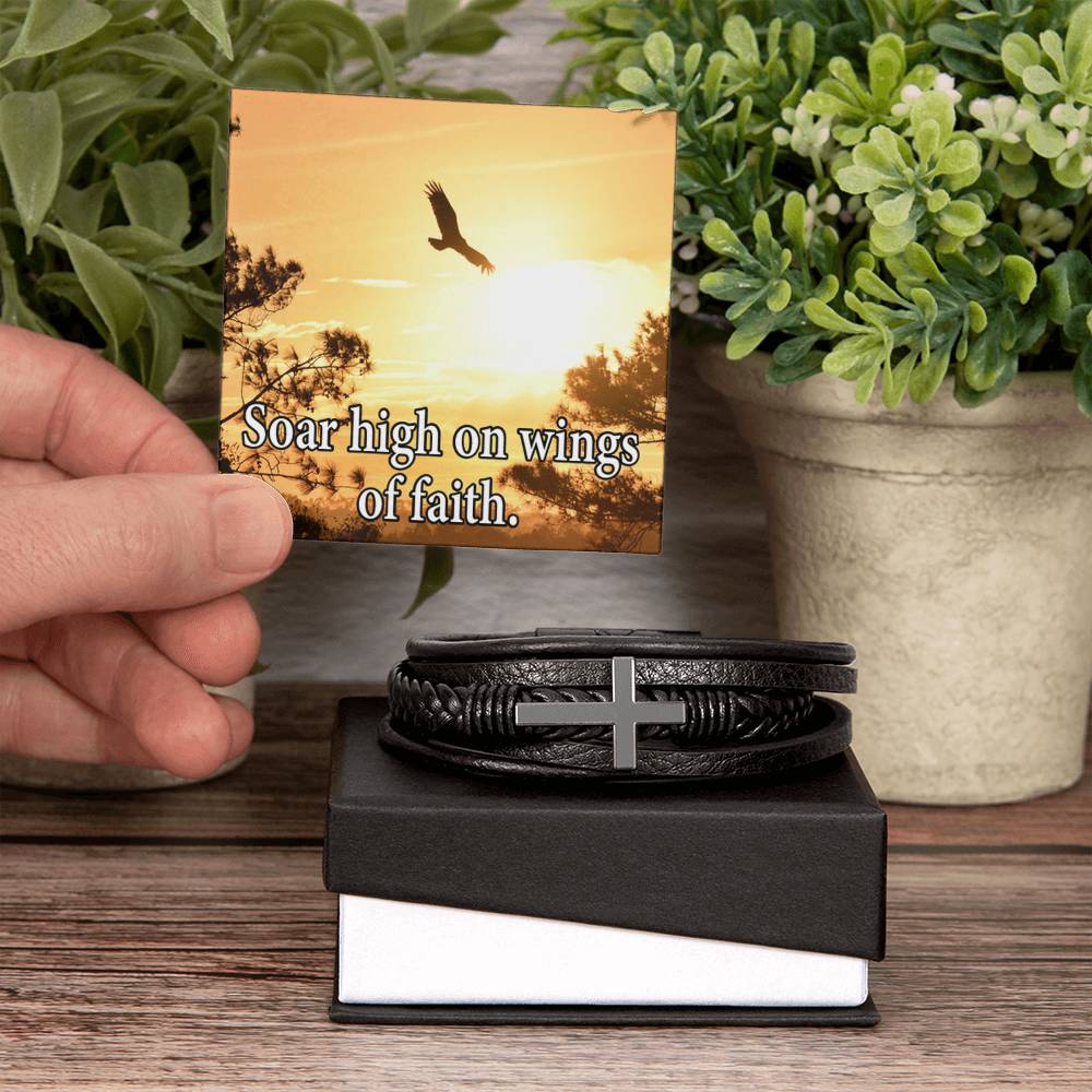 Soar High on Faith Men's Stainless Steel & Vegan Leather Cross Bracelet - Vegan Leather with Stainless Steel-Express Your Love Gifts