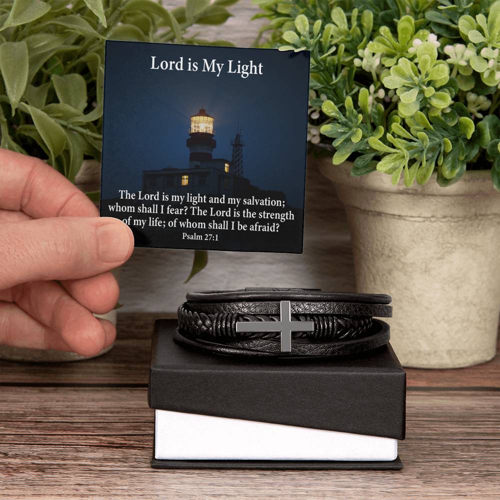 Lord is My Light Psalm 27:1 Men's Stainless Steel & Vegan Leather Cross Bracelet - Vegan Leather with Stainless Steel-Express Your Love Gifts
