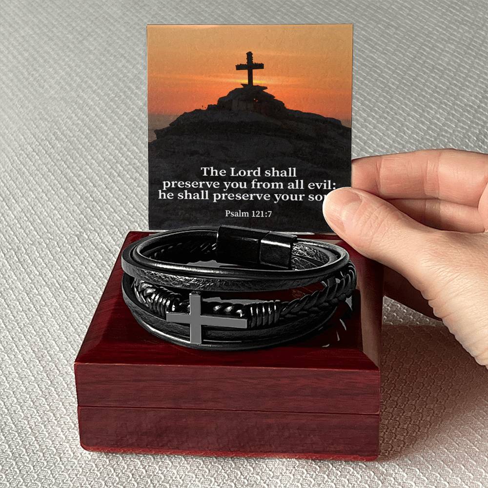 Hope Psalm 121:7 Men's Stainless Steel & Vegan Leather Cross Bracelet - Vegan Leather with Stainless Steel-Express Your Love Gifts