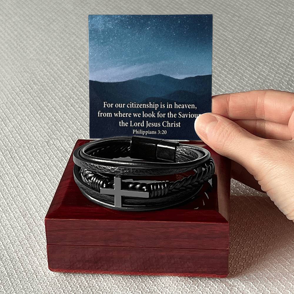 Citizenship in Heaven Philippians 3:20 Men's Stainless Steel & Vegan Leather Cross Bracelet - Vegan Leather with Stainless Steel-Express Your Love Gifts