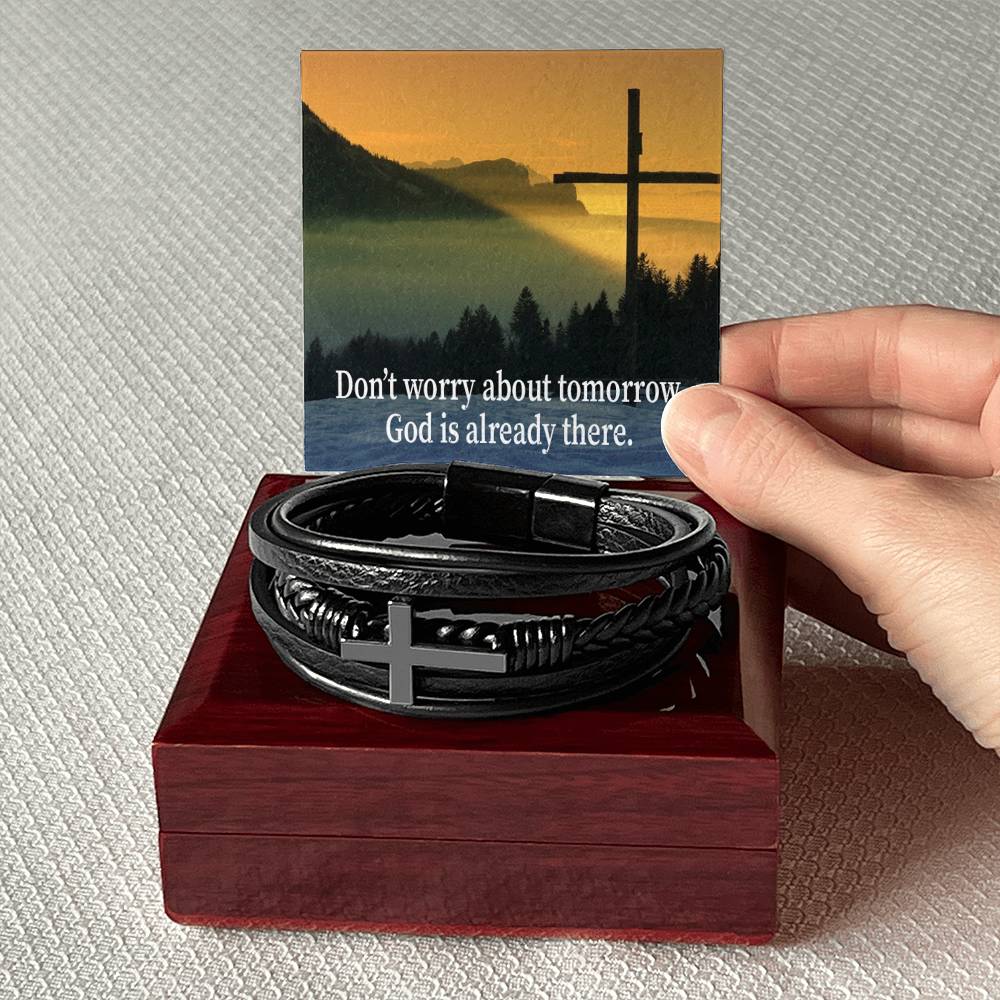Don’t Worry About Tomorrow Men's Stainless Steel & Vegan Leather Cross Bracelet - Vegan Leather with Stainless Steel-Express Your Love Gifts