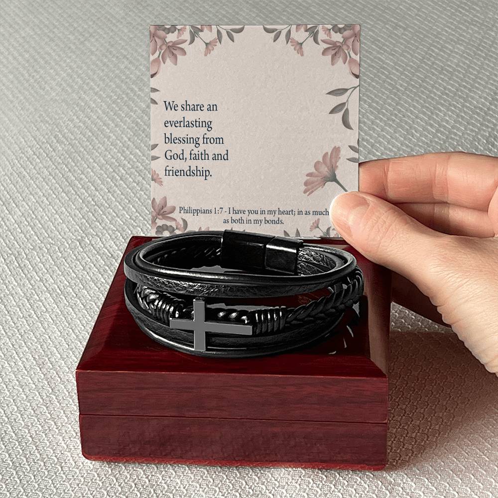Friendship Philippians 1:7 Men's Stainless Steel & Vegan Leather Cross Bracelet - Vegan Leather with Stainless Steel-Express Your Love Gifts