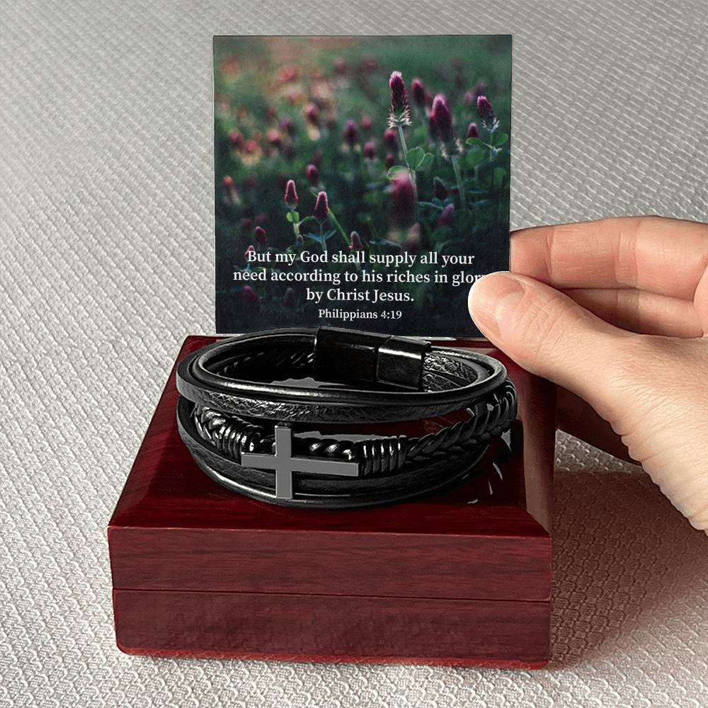 God Supply All Your Need Philippians 4:19 Men's Stainless Steel & Vegan Leather Cross Bracelet - Vegan Leather with Stainless Steel-Express Your Love Gifts