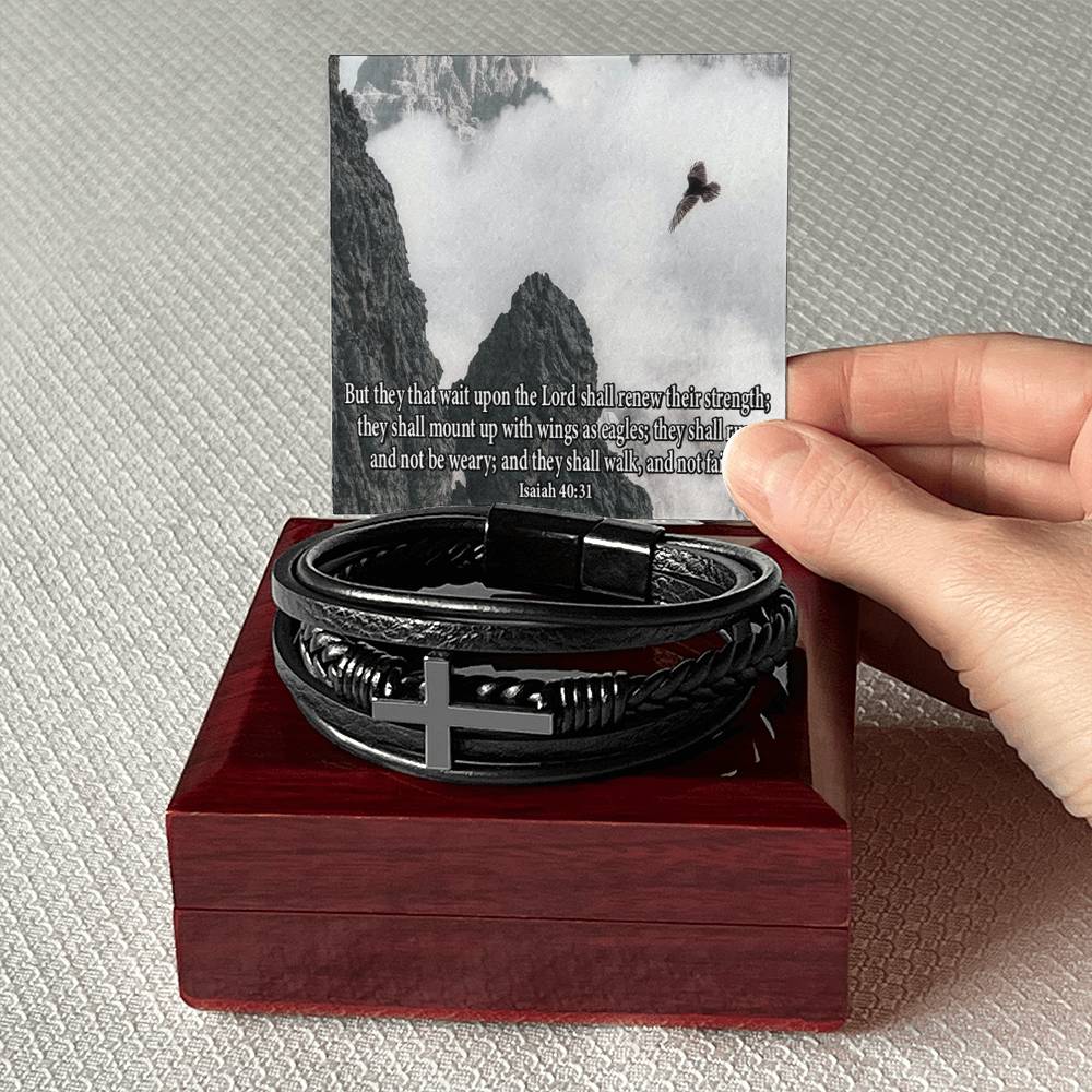 Renew Their Strength Isaiah 40:31 Men's Stainless Steel & Vegan Leather Cross Bracelet - Vegan Leather with Stainless Steel-Express Your Love Gifts
