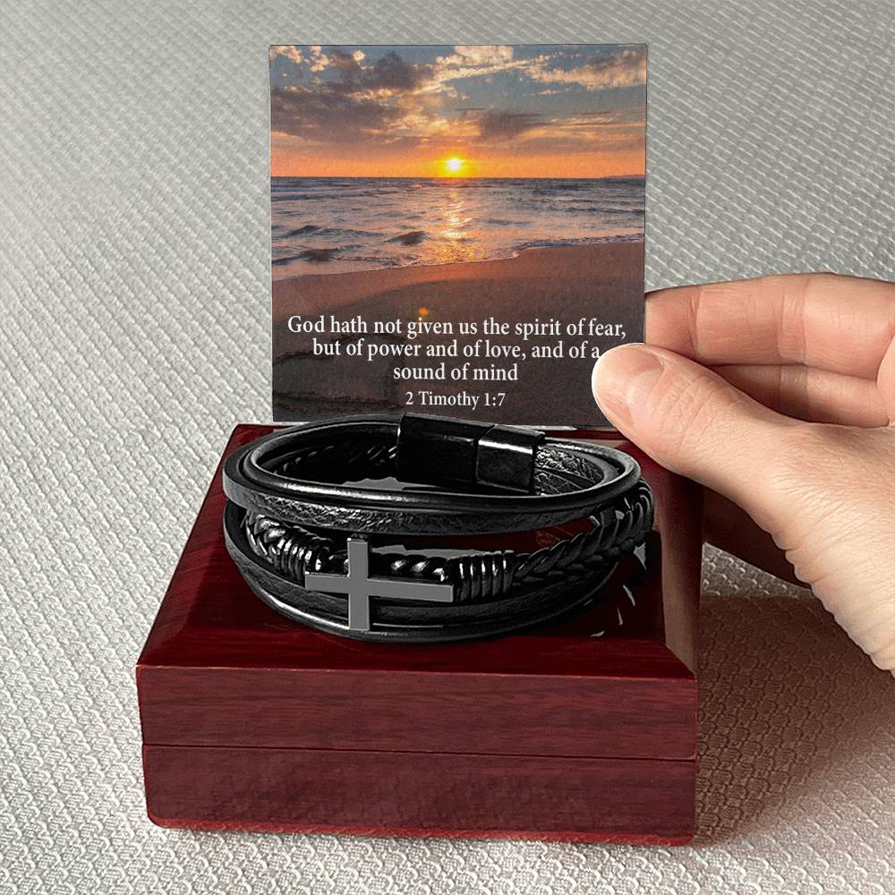 No Fear 2 Timothy 1:7 Men's Stainless Steel & Vegan Leather Cross Bracelet - Vegan Leather with Stainless Steel-Express Your Love Gifts