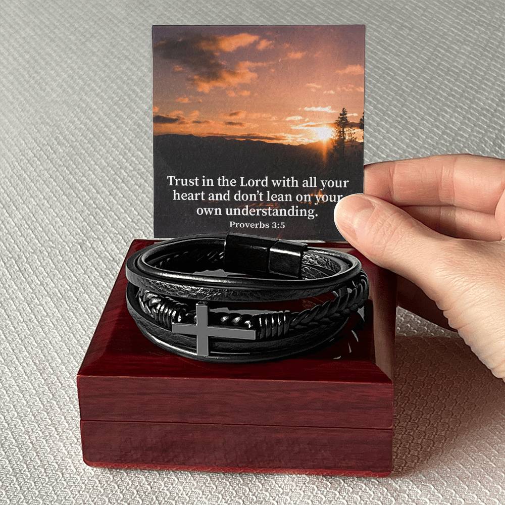 Trust in The Lord Proverbs 3:5 Sunset Men's Stainless Steel & Vegan Leather Cross Bracelet - Vegan Leather with Stainless Steel-Express Your Love Gifts