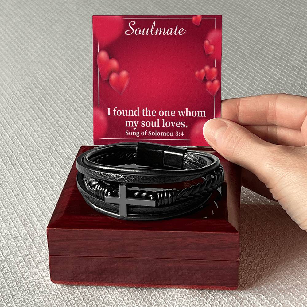 My Soul Loves Song of Solomon 3:4 Men's Stainless Steel & Vegan Leather Cross Bracelet - Vegan Leather with Stainless Steel-Express Your Love Gifts
