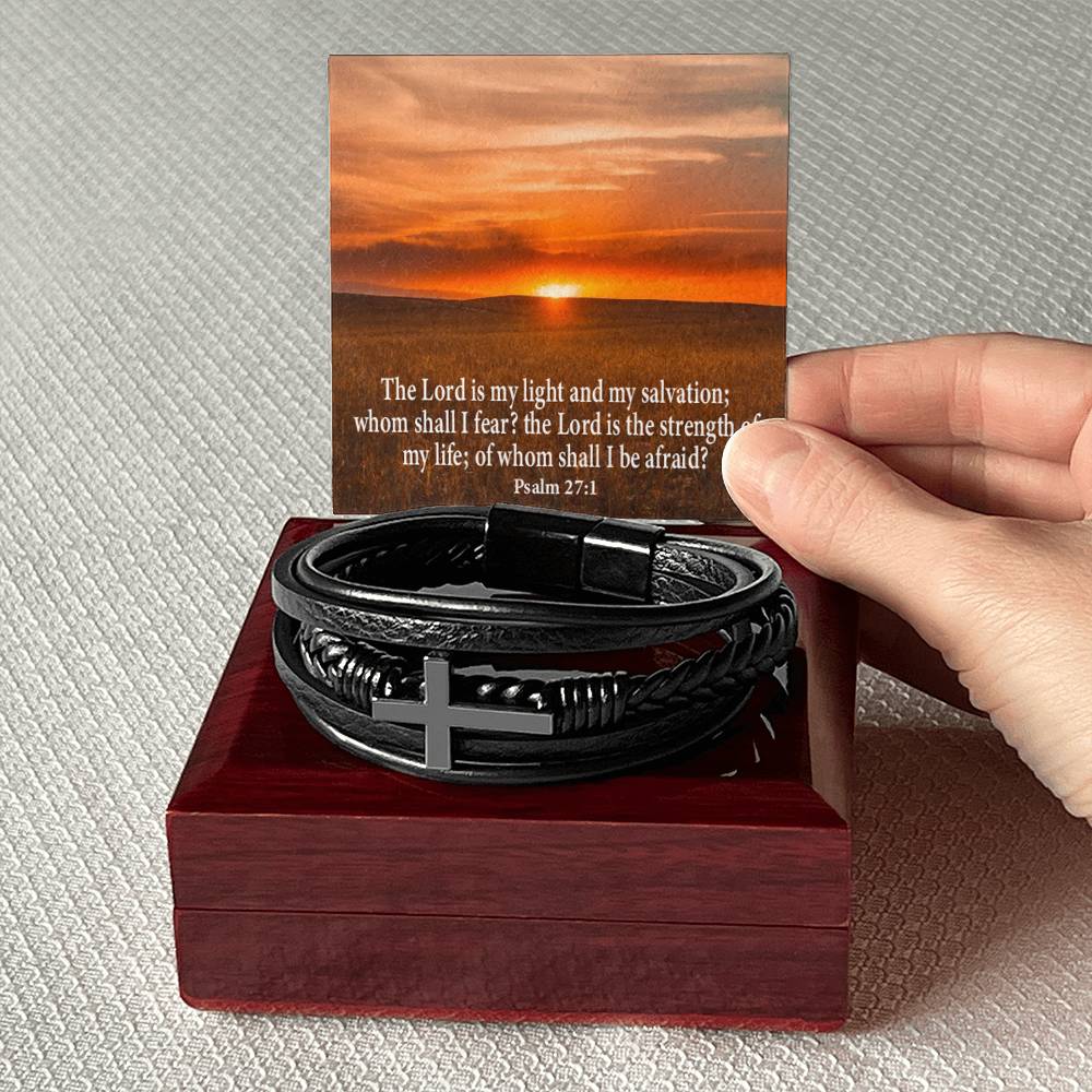 Lord is My Salvation Psalm 27:1 Men's Stainless Steel & Vegan Leather Cross Bracelet - Vegan Leather with Stainless Steel-Express Your Love Gifts