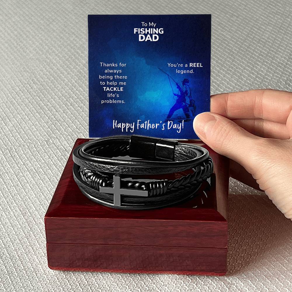 To My Fishing Dad Thanks for Always Being There Men's Cross Bracelet - Vegan Leather with Stainless Steel-Express Your Love Gifts