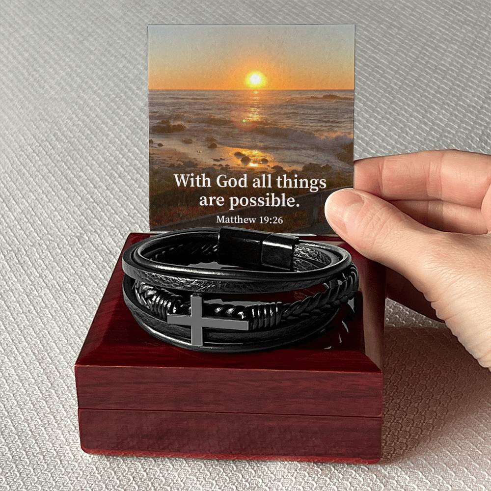 With God All Things are Possible Matthew 19:26 Men's Stainless Steel & Vegan Leather Cross Bracelet - Vegan Leather with Stainless Steel-Express Your Love Gifts