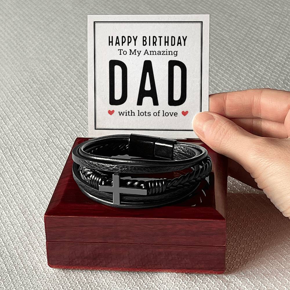 Happy Birthday to My Amazing Dad Men's Cross Bracelet - Vegan Leather with Stainless Steel-Express Your Love Gifts