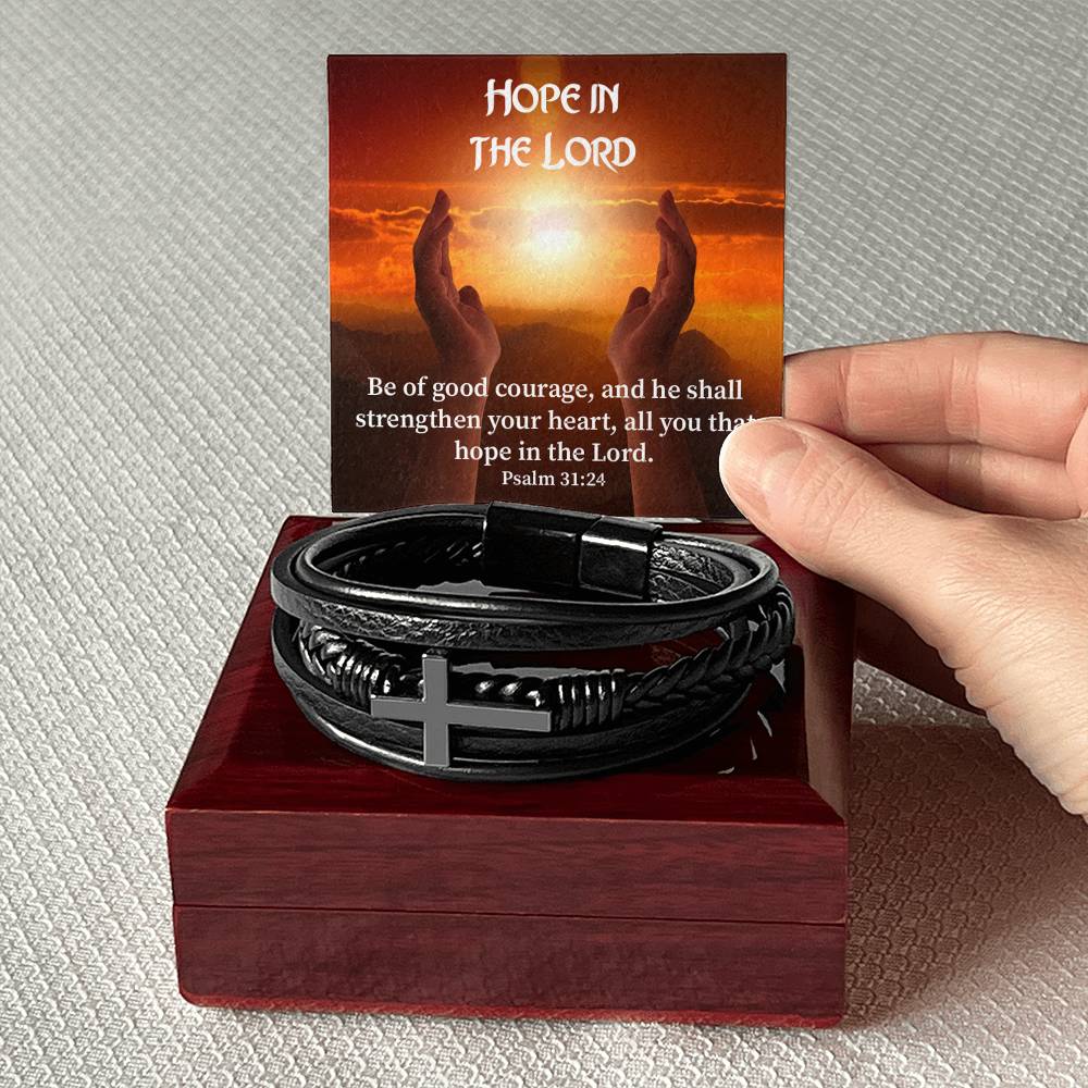 Hope in The Lord Psalm 31:24 Men's Stainless Steel & Vegan Leather Cross Bracelet - Vegan Leather with Stainless Steel-Express Your Love Gifts