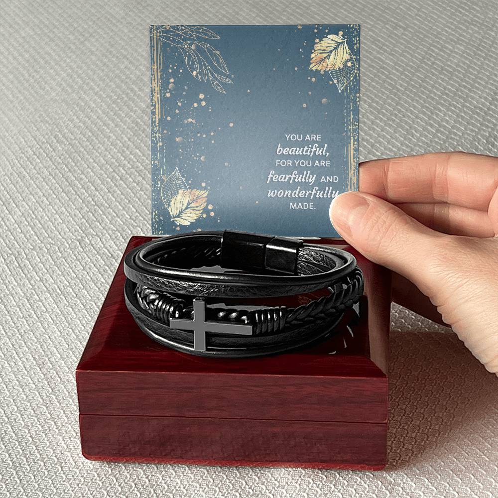 You Are Wonderfully Made Psalm 139:14 Men's Stainless Steel & Vegan Leather Cross Bracelet - Vegan Leather with Stainless Steel-Express Your Love Gifts