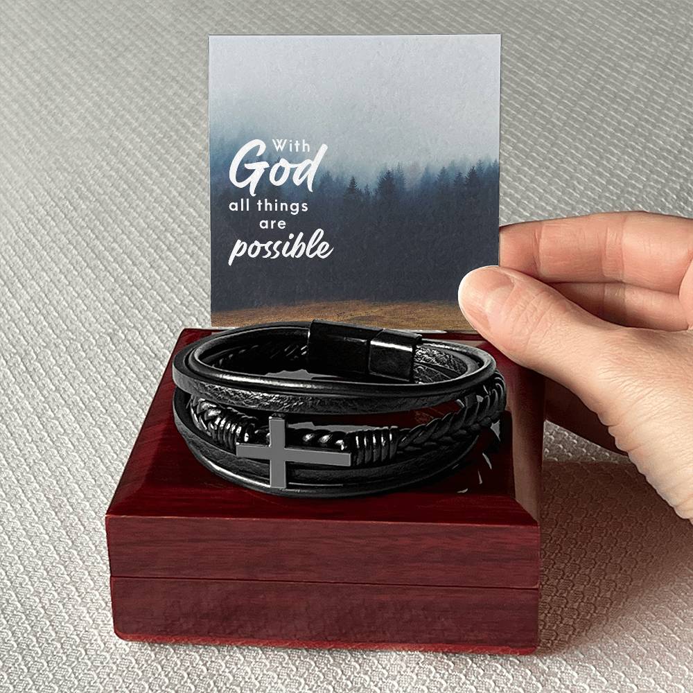 With God All Things are Possible Men's Cross Bracelet - Vegan Leather with Stainless Steel-Express Your Love Gifts