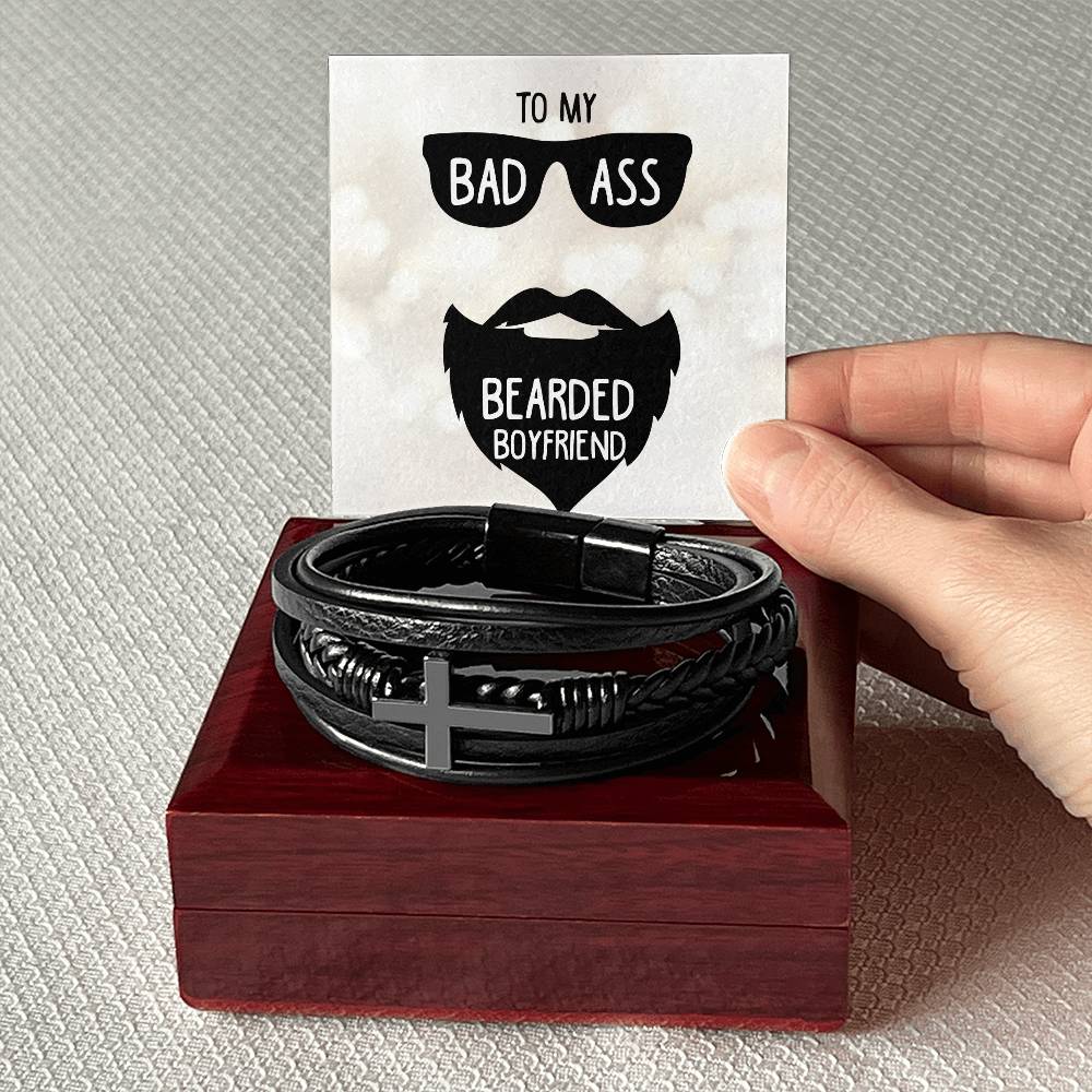 To My Badass Bearded Boyfriend Men's Cross Bracelet - Vegan Leather with Stainless Steel-Express Your Love Gifts