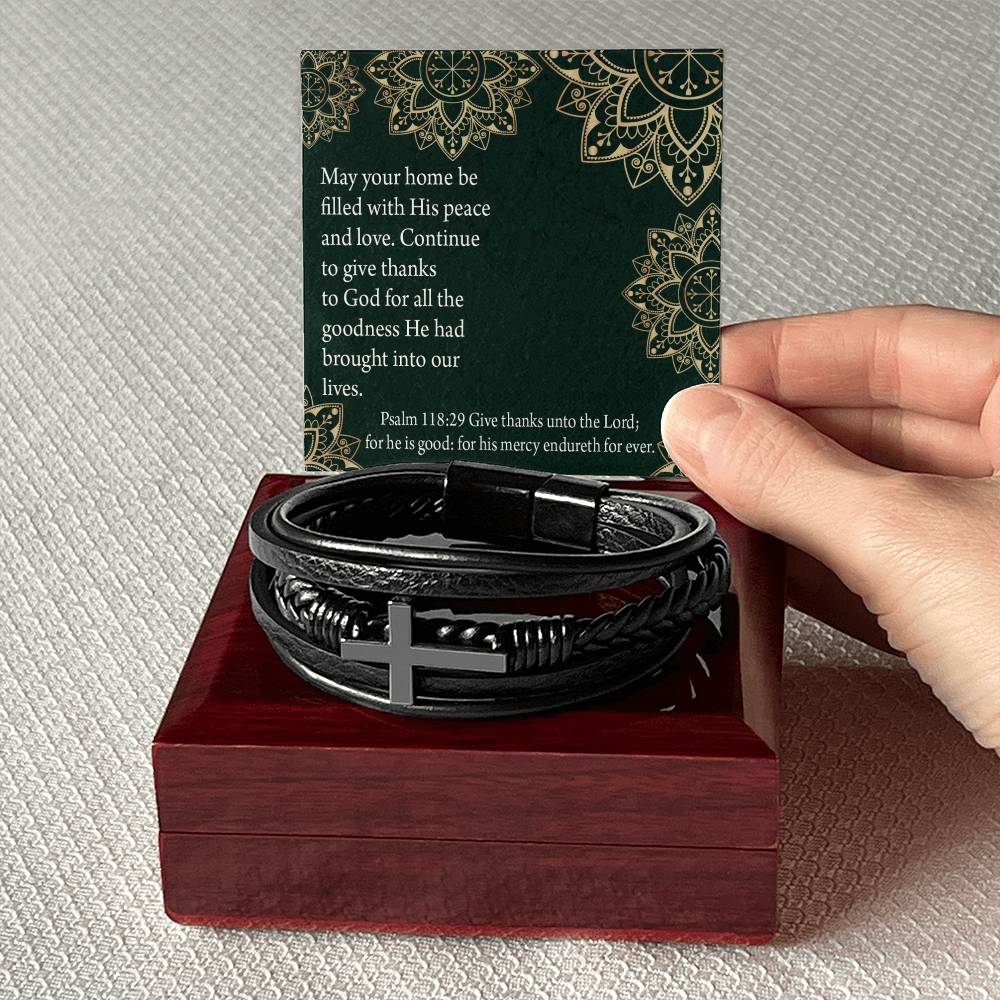 Thanksgiving Psalm 118:29 Men's Stainless Steel & Vegan Leather Cross Bracelet - Vegan Leather with Stainless Steel-Express Your Love Gifts