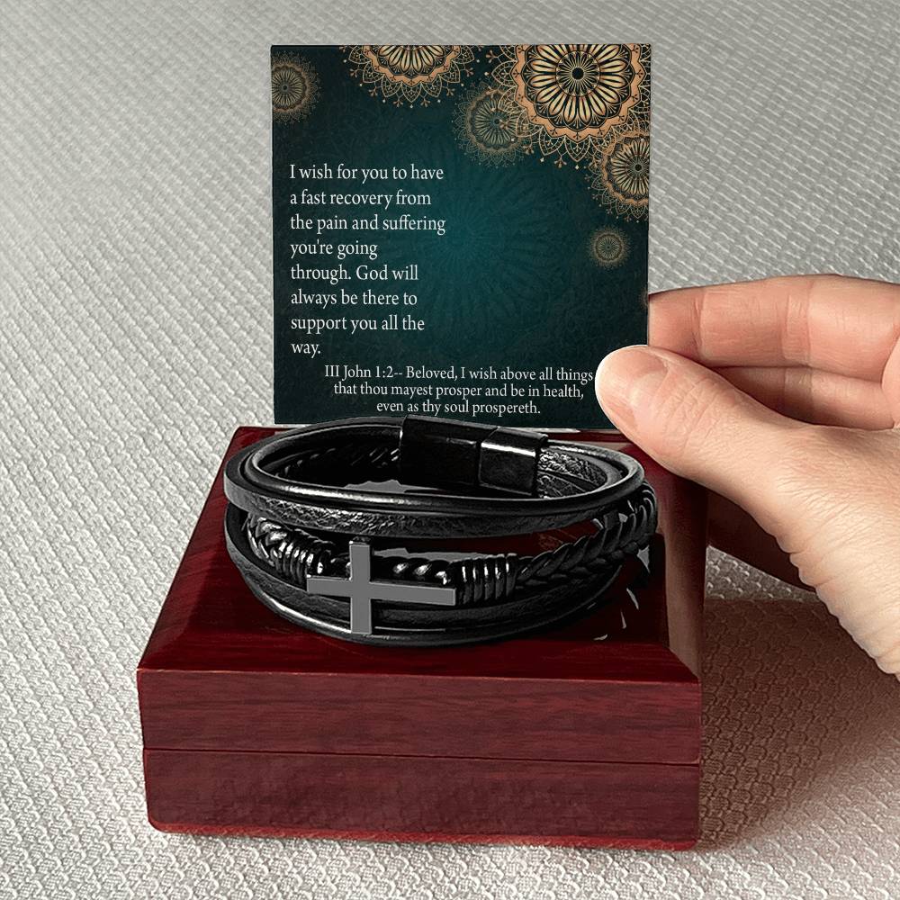 Get Well God's Support 3 John 1:2 Men's Stainless Steel & Vegan Leather Cross Bracelet - Vegan Leather with Stainless Steel-Express Your Love Gifts
