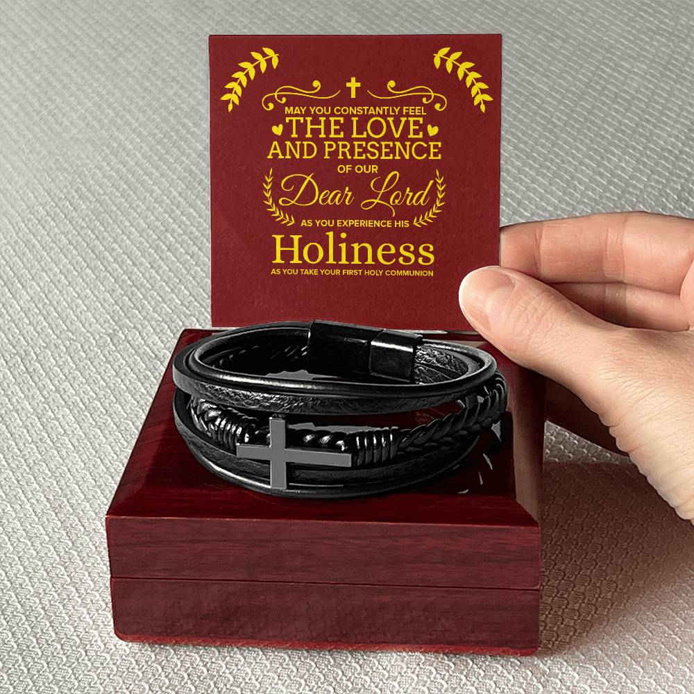Our Dear Lord First Communion Men's Stainless Steel & Vegan Leather Cross Bracelet - Vegan Leather with Stainless Steel-Express Your Love Gifts
