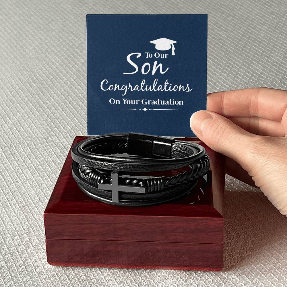 To Our Son Congratulations on Your Graduation Men's Cross Bracelet - Vegan Leather with Stainless Steel-Express Your Love Gifts