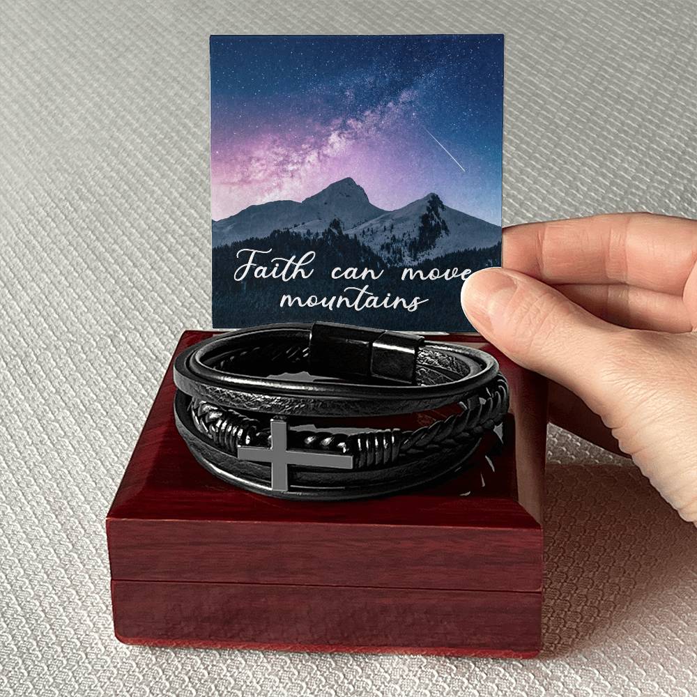 Faith Can Move Mountains Men's Stainless Steel & Vegan Leather Cross Bracelet - Vegan Leather with Stainless Steel-Express Your Love Gifts