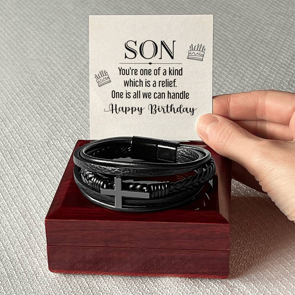 To My Son You're One of a Kind Men's Cross Bracelet - Vegan Leather with Stainless Steel-Express Your Love Gifts