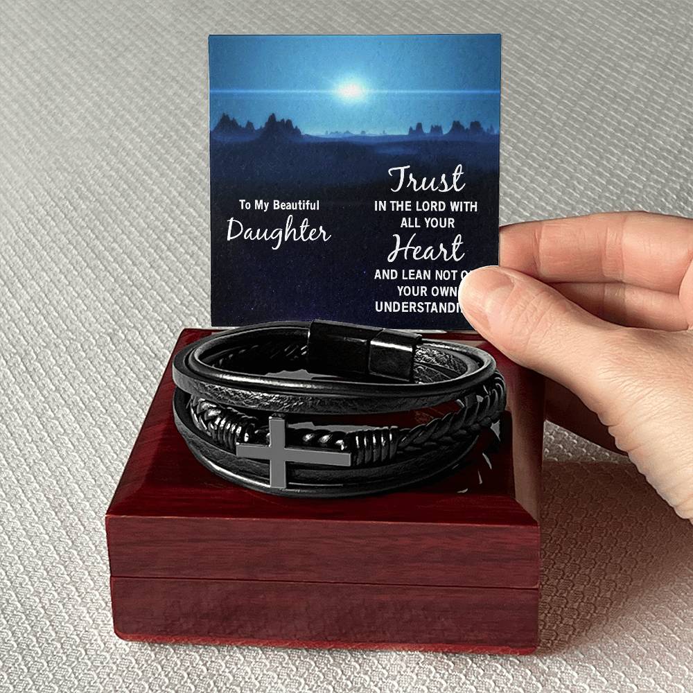 Trust in The Lord Proverbs 3:5-6 Men's Stainless Steel & Vegan Leather Cross Bracelet - Vegan Leather with Stainless Steel-Express Your Love Gifts
