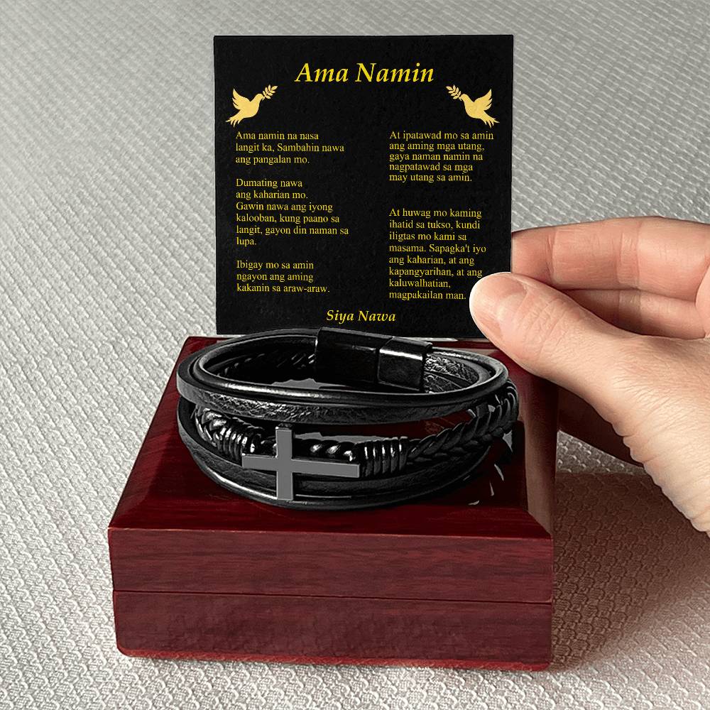 Lords Prayer Tagalog Ama Namin Men's Stainless Steel & Vegan Leather Cross Bracelet - Vegan Leather with Stainless Steel-Express Your Love Gifts