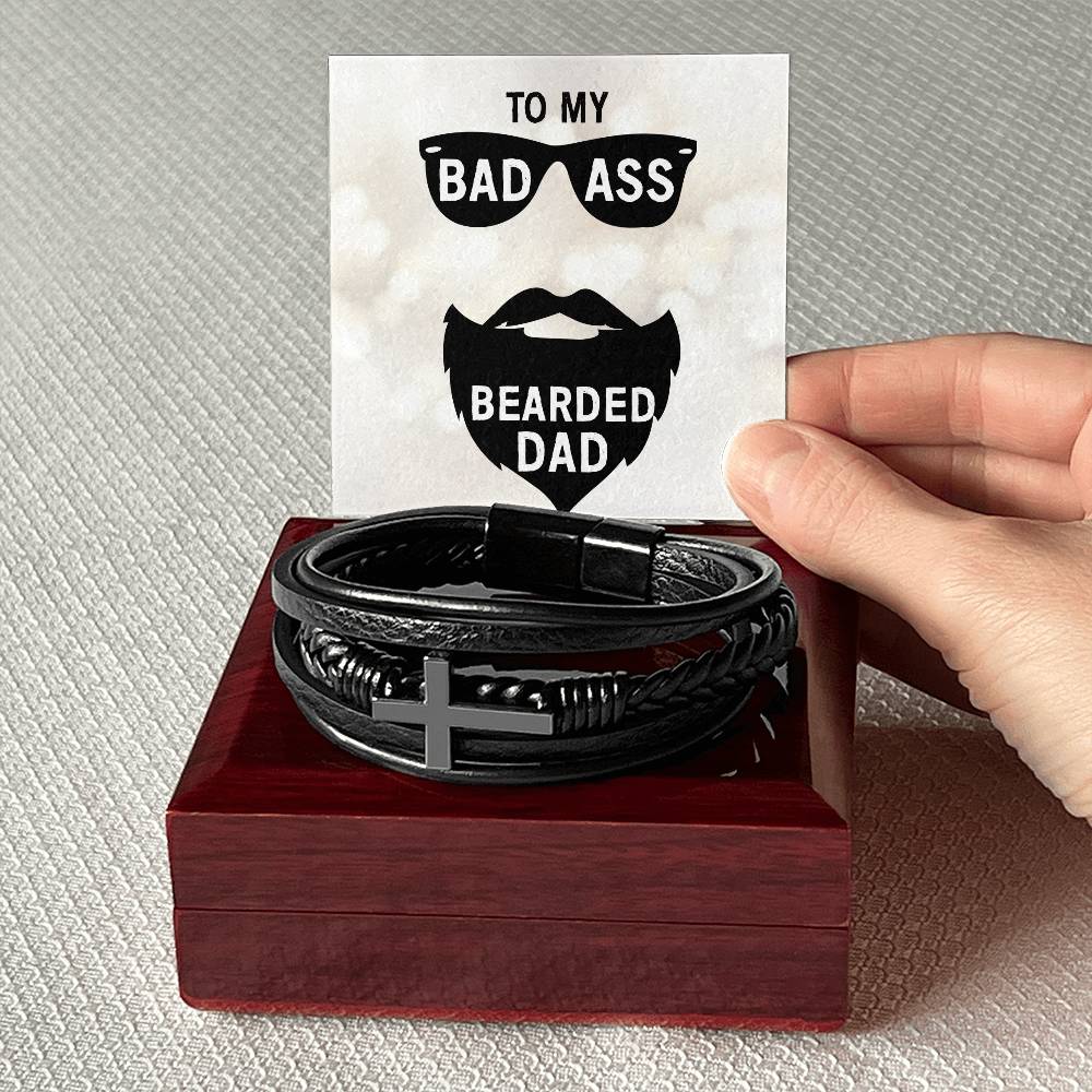 To My Badass Bearded Dad Men's Cross Bracelet - Vegan Leather with Stainless Steel-Express Your Love Gifts
