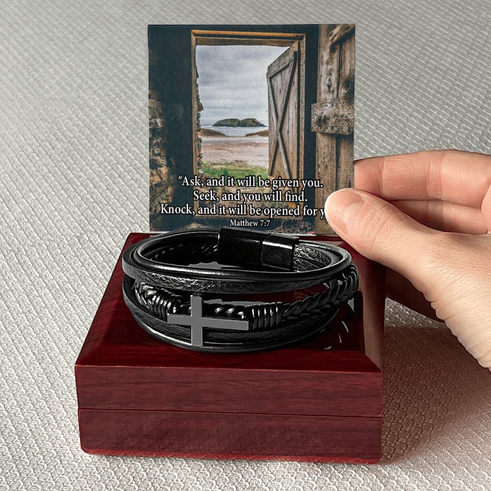 Ask & You Shall Receive Matthew 7:7 Men's Stainless Steel & Vegan Leather Cross Bracelet - Vegan Leather with Stainless Steel-Express Your Love Gifts