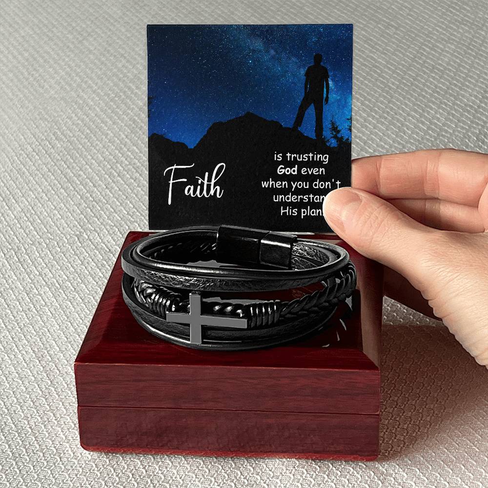 Faith is Trusting God Even When You Don't Men's Stainless Steel & Vegan Leather Cross Bracelet - Vegan Leather with Stainless Steel-Express Your Love Gifts