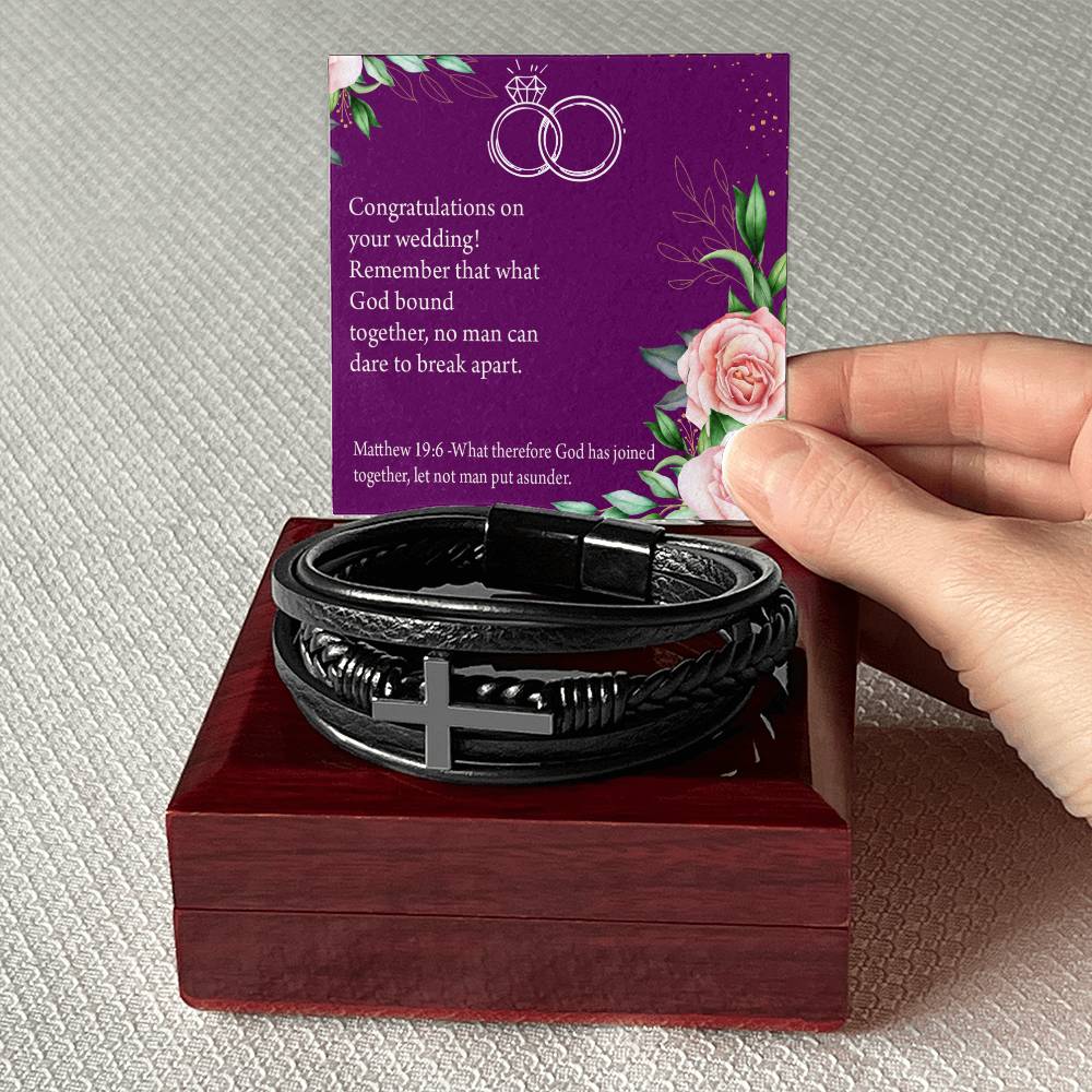 Wedding Message Faith Matthew 9:16 Men's Stainless Steel & Vegan Leather Cross Bracelet - Vegan Leather with Stainless Steel-Express Your Love Gifts