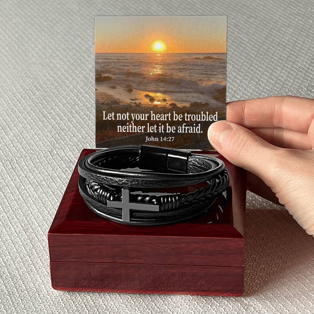 Let Not Your Heart be Troubled John 14:27 Men's Stainless Steel & Vegan Leather Cross Bracelet - Vegan Leather with Stainless Steel-Express Your Love Gifts