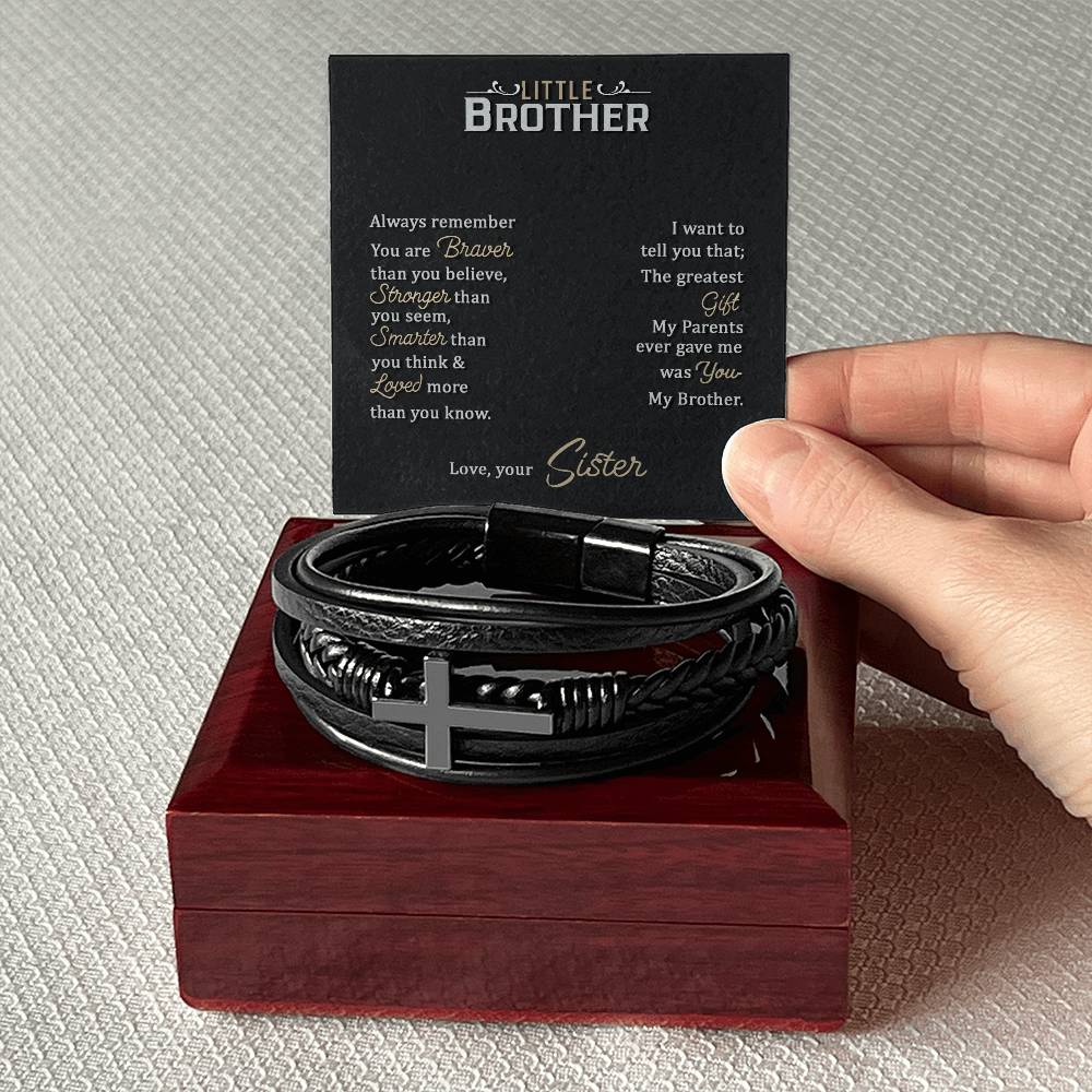 To My Little Brother Love Your Lord With All Your Strength Men's Cross Bracelet - Vegan Leather with Stainless Steel-Express Your Love Gifts