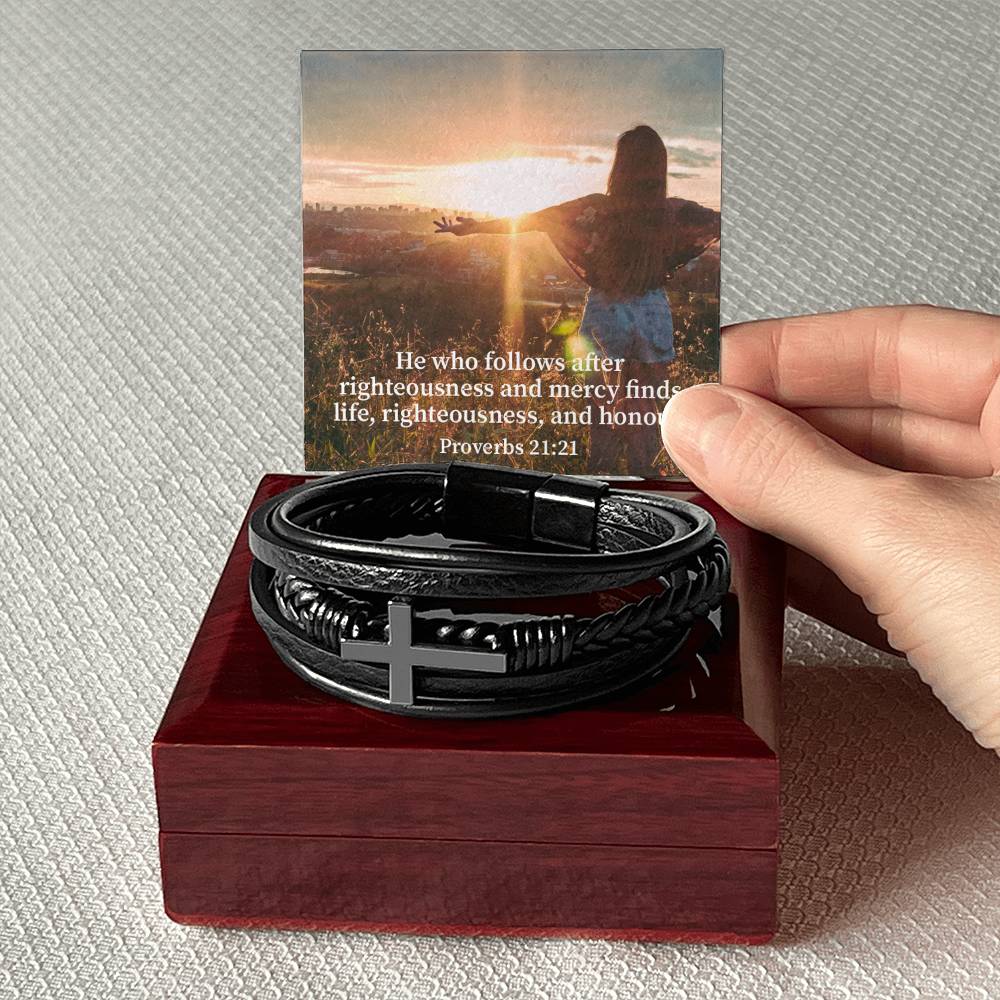 Righteousness and Honour Proverbs 21:21 Men's Stainless Steel & Vegan Leather Cross Bracelet - Vegan Leather with Stainless Steel-Express Your Love Gifts