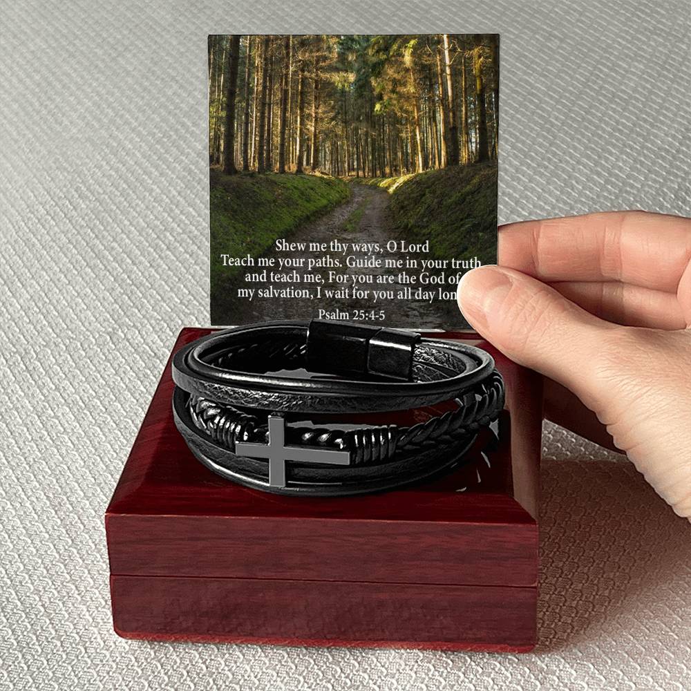 Guide & Teach Me lord in Psalm 25:4-5 Men's Stainless Steel & Vegan Leather Cross Bracelet - Vegan Leather with Stainless Steel-Express Your Love Gifts