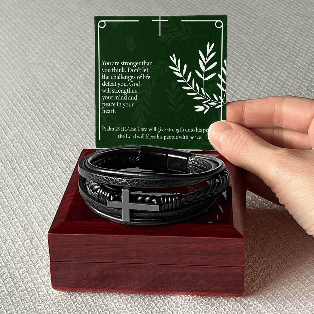 God Will Strengthen You Psalm 29:11 Men's Stainless Steel & Vegan Leather Cross Bracelet - Vegan Leather with Stainless Steel-Express Your Love Gifts