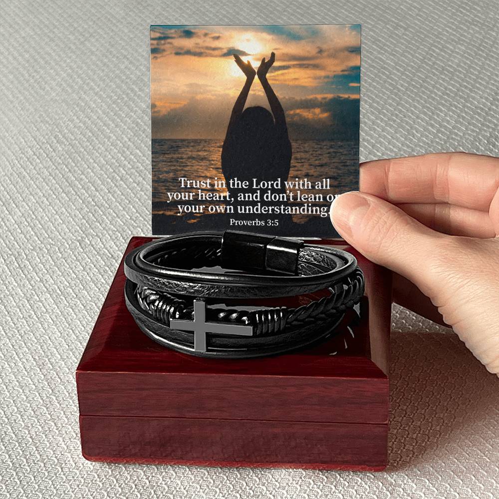 Trust in the Lord Proverbs 3:5 Men's Stainless Steel & Vegan Leather Cross Bracelet - Vegan Leather with Stainless Steel-Express Your Love Gifts