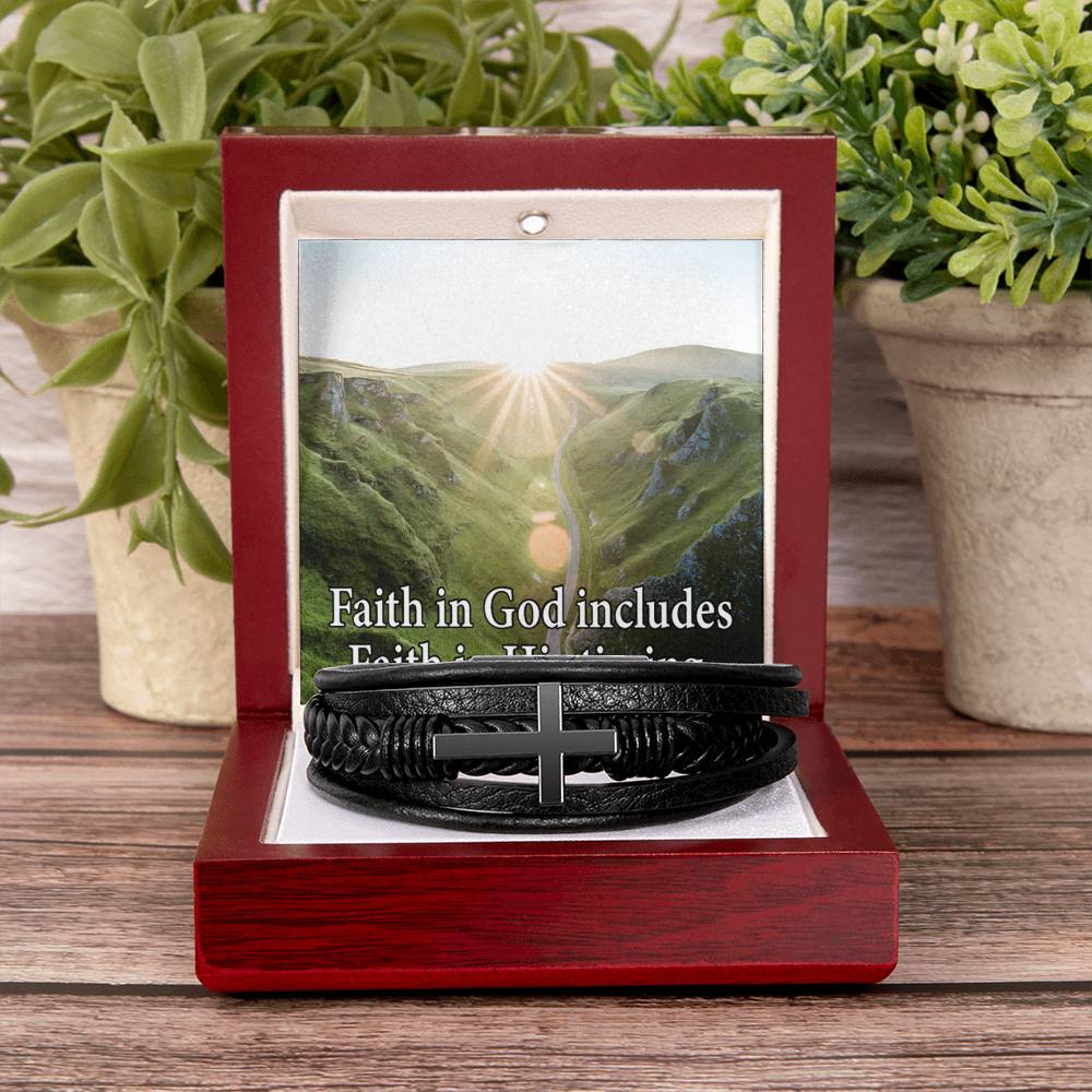 Faith in God's Timing Men's Stainless Steel & Vegan Leather Cross Bracelet - Vegan Leather with Stainless Steel-Express Your Love Gifts