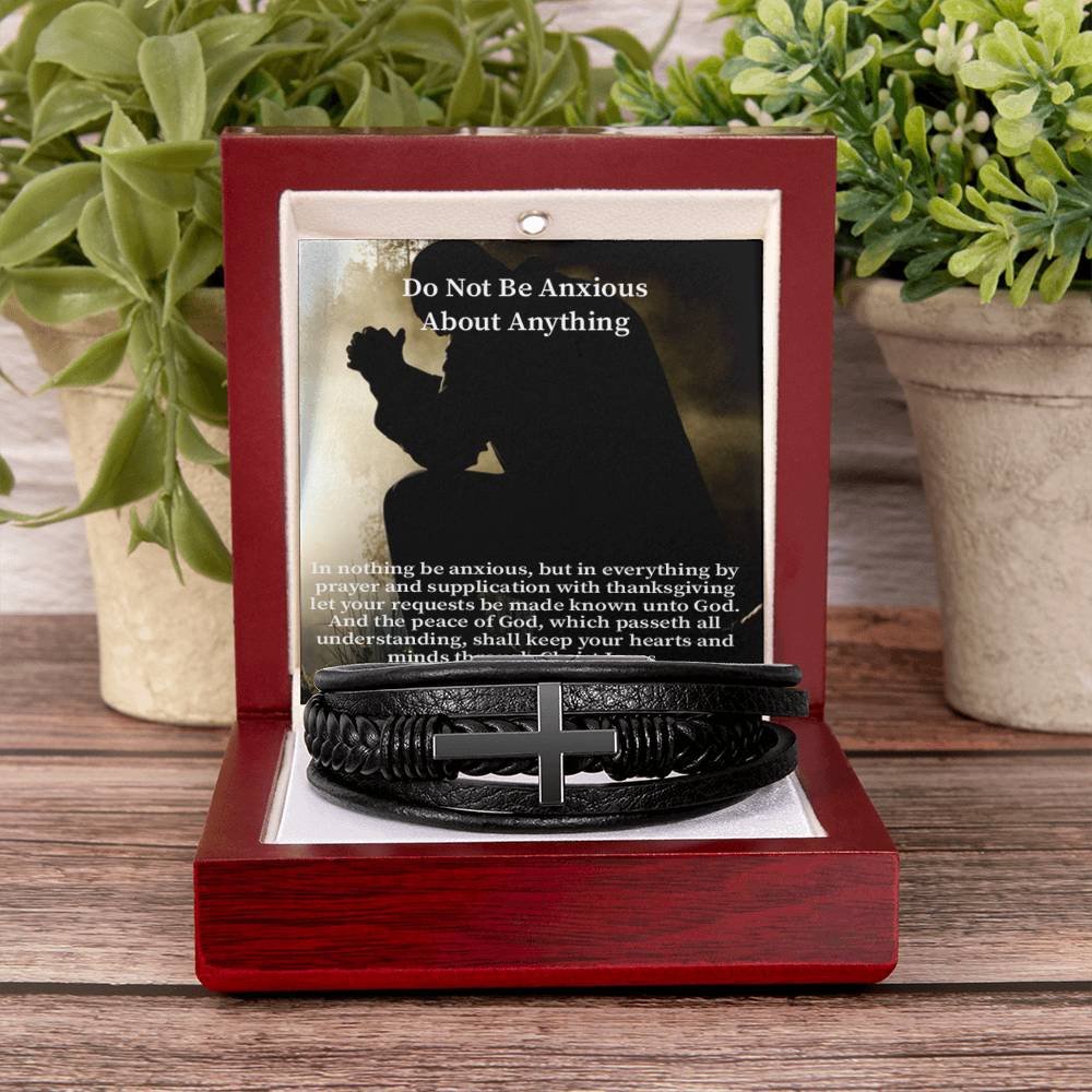 Do Not be Anxious About Anything Philippians 4:6-7 Men's Stainless Steel & Vegan Leather Cross Bracelet - Vegan Leather with Stainless Steel-Express Your Love Gifts