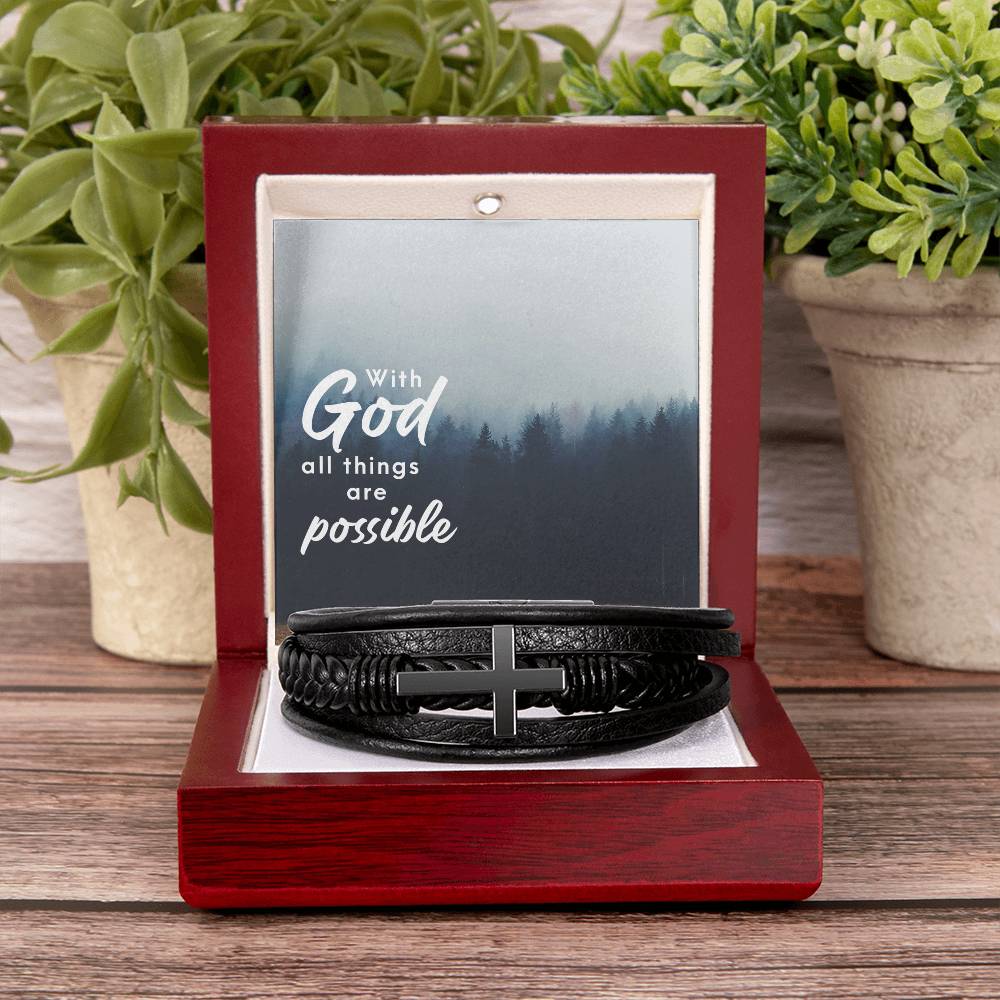 With God All Things are Possible Men's Cross Bracelet - Vegan Leather with Stainless Steel-Express Your Love Gifts