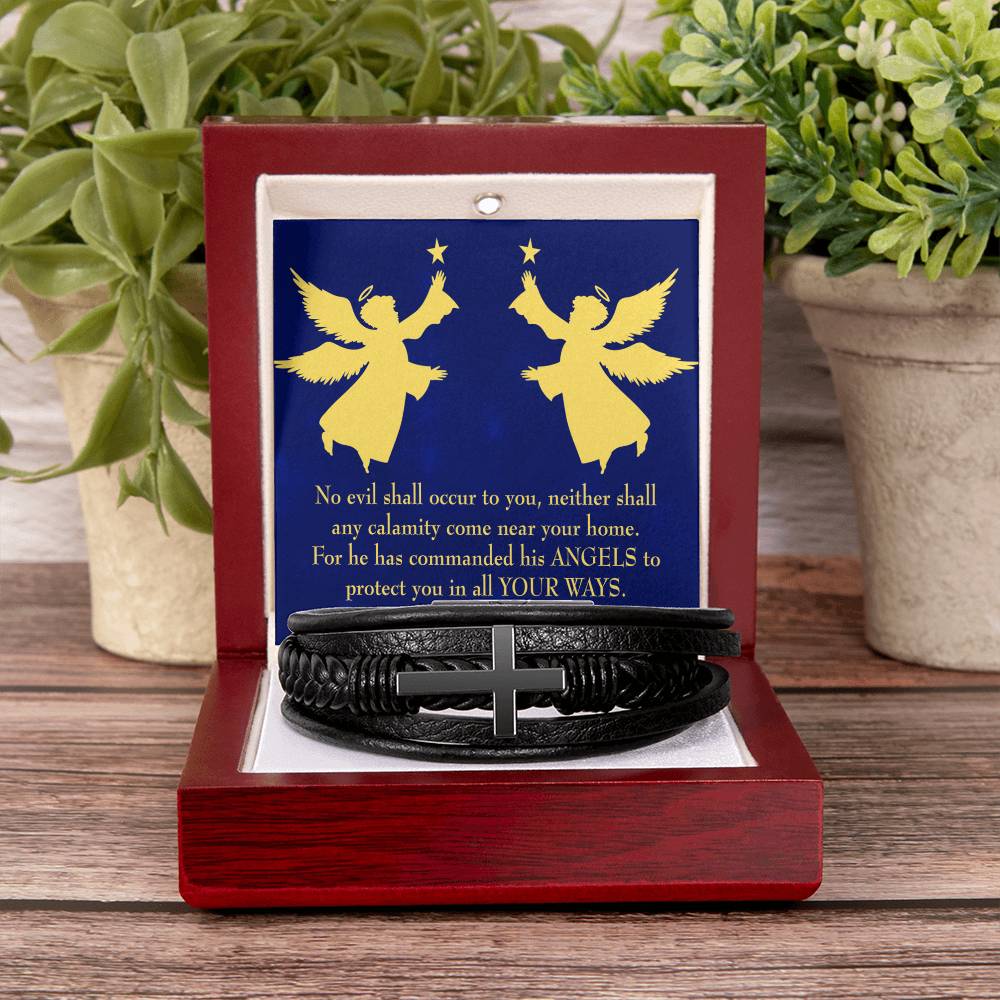 Angels Over You Psalm 91 Men's Stainless Steel & Vegan Leather Cross Bracelet - Vegan Leather with Stainless Steel-Express Your Love Gifts