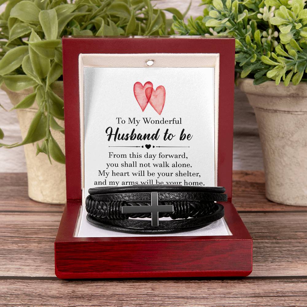 To My Wonderful Husband To Be Men's Cross Bracelet - Vegan Leather with Stainless Steel-Express Your Love Gifts