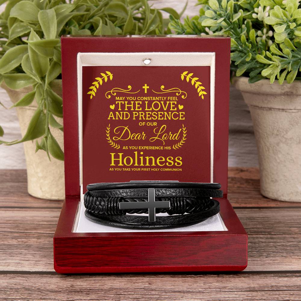 Our Dear Lord First Communion Men's Stainless Steel & Vegan Leather Cross Bracelet - Vegan Leather with Stainless Steel-Express Your Love Gifts